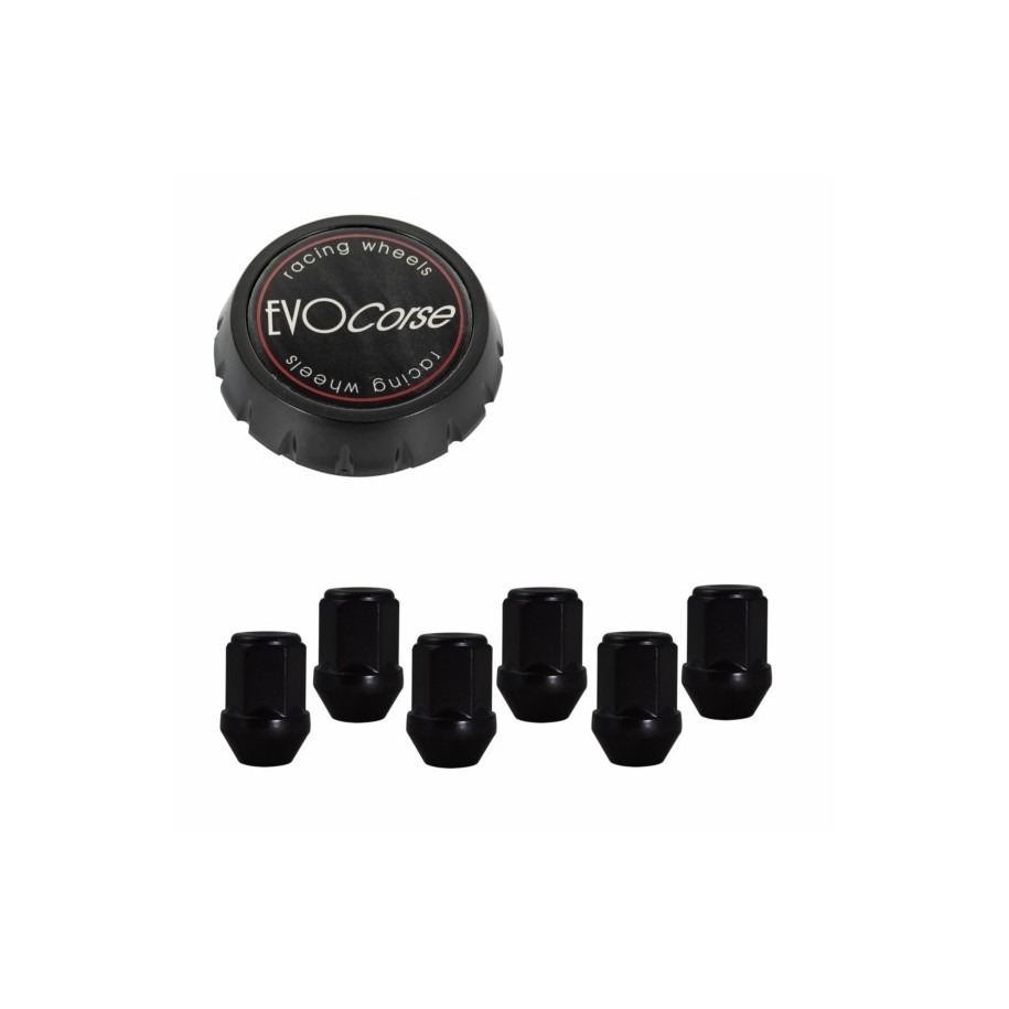 Kit visserie M14x1.50 noir et cache-moyeu aluminium EVO Corse pour 1 jante